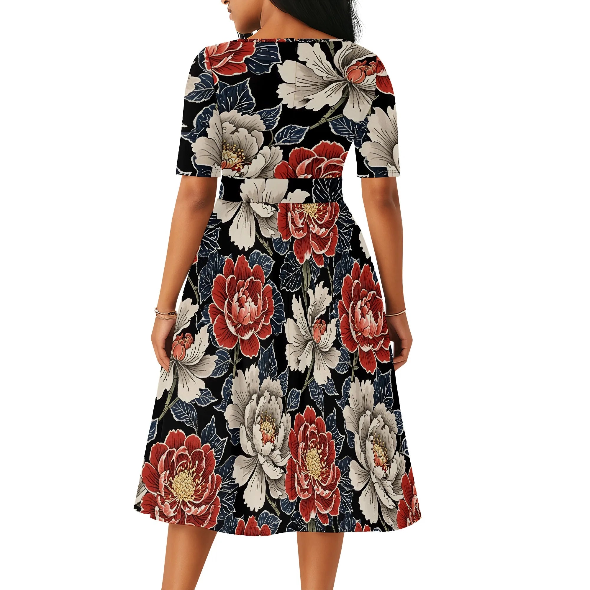 Women's Boatneck Vintage Cocktail Party Dress with Puff Sleeves
