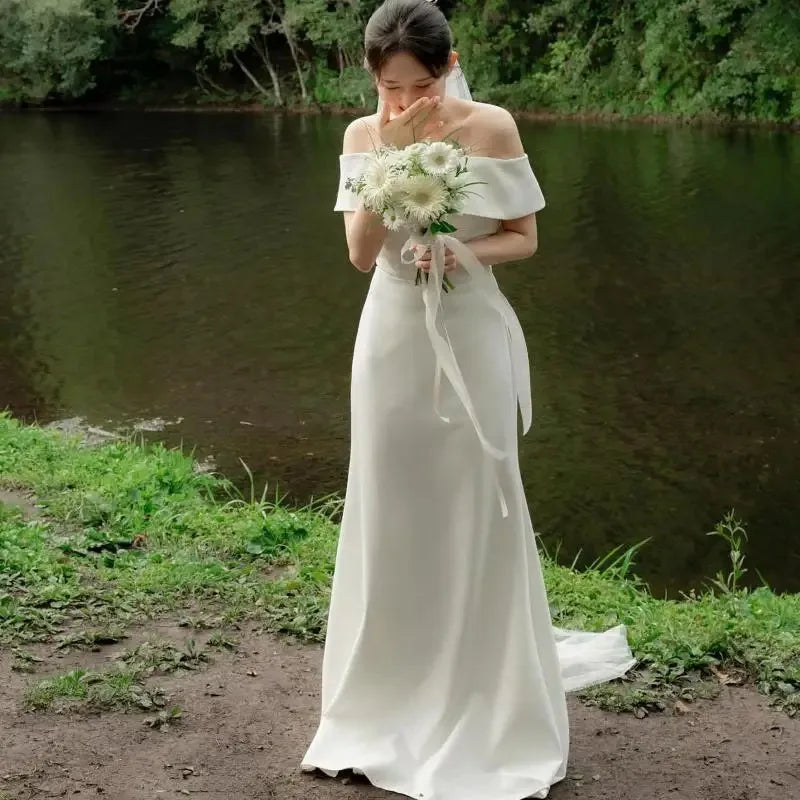 Elegant Mermaid Wedding Dresses Soft Satin Bridal Dress Off The Shoulder Floor-length Simple Vestidos