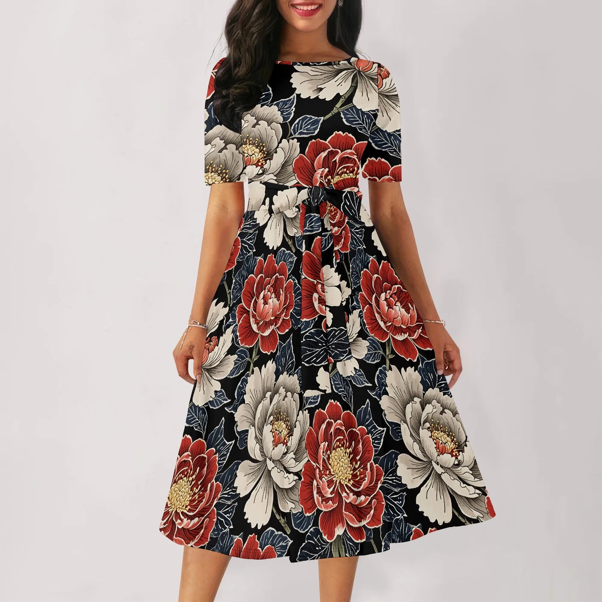 Women's Boatneck Vintage Cocktail Party Dress with Puff Sleeves