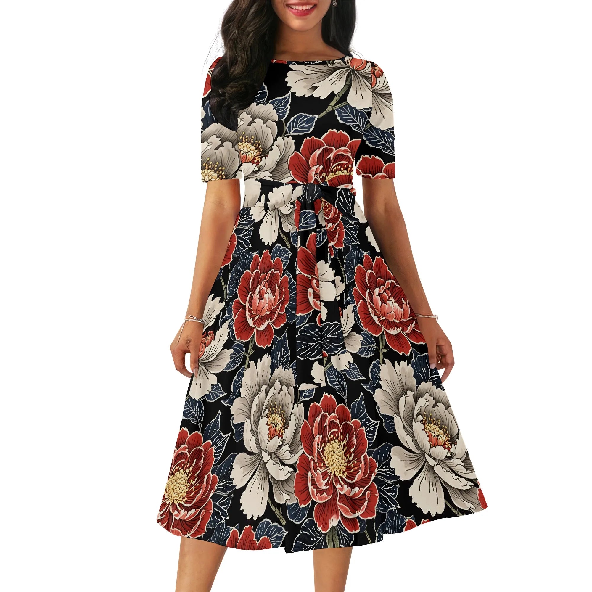 Women's Boatneck Vintage Cocktail Party Dress with Puff Sleeves