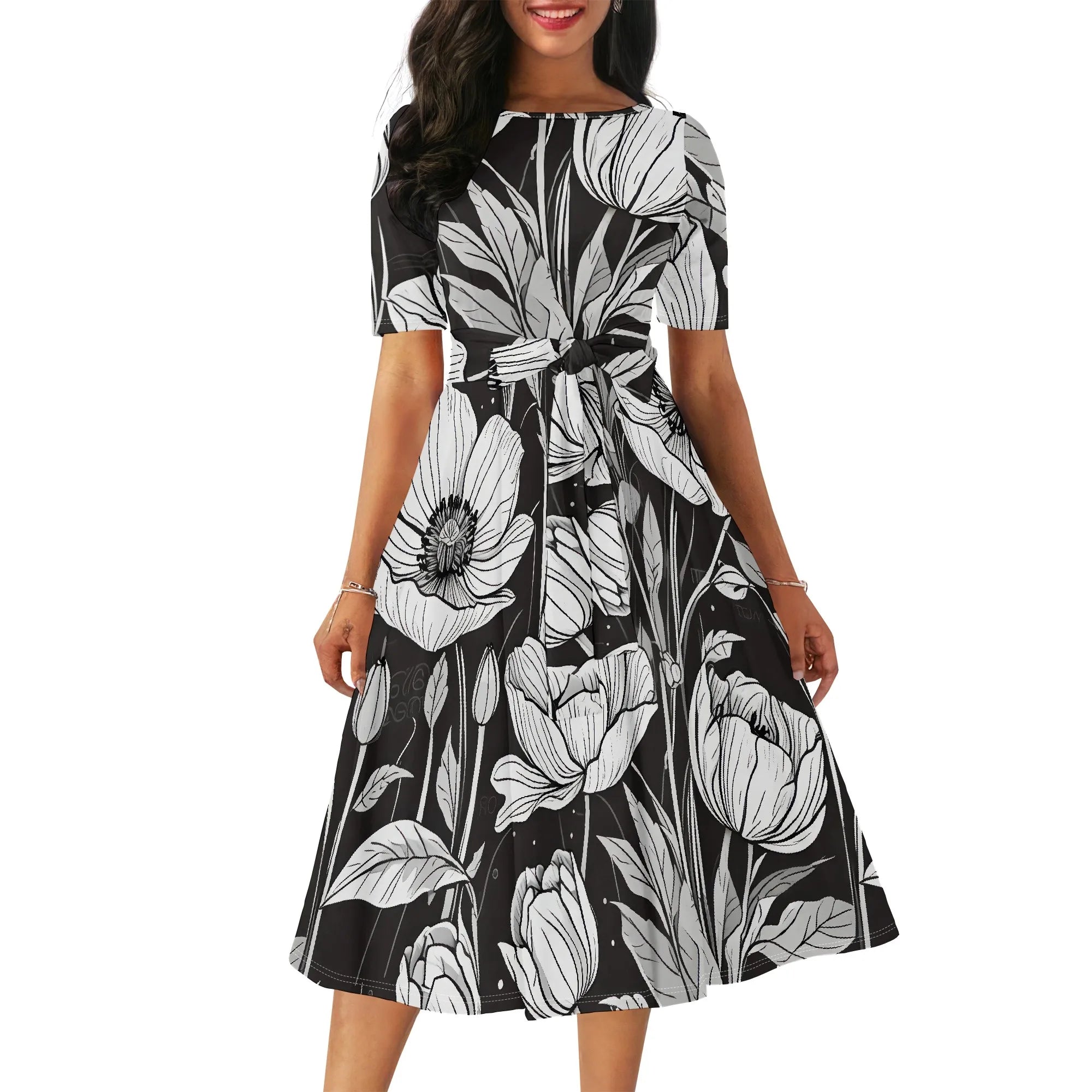 Women's Boatneck Vintage Cocktail Party Dress with Puff Sleeves