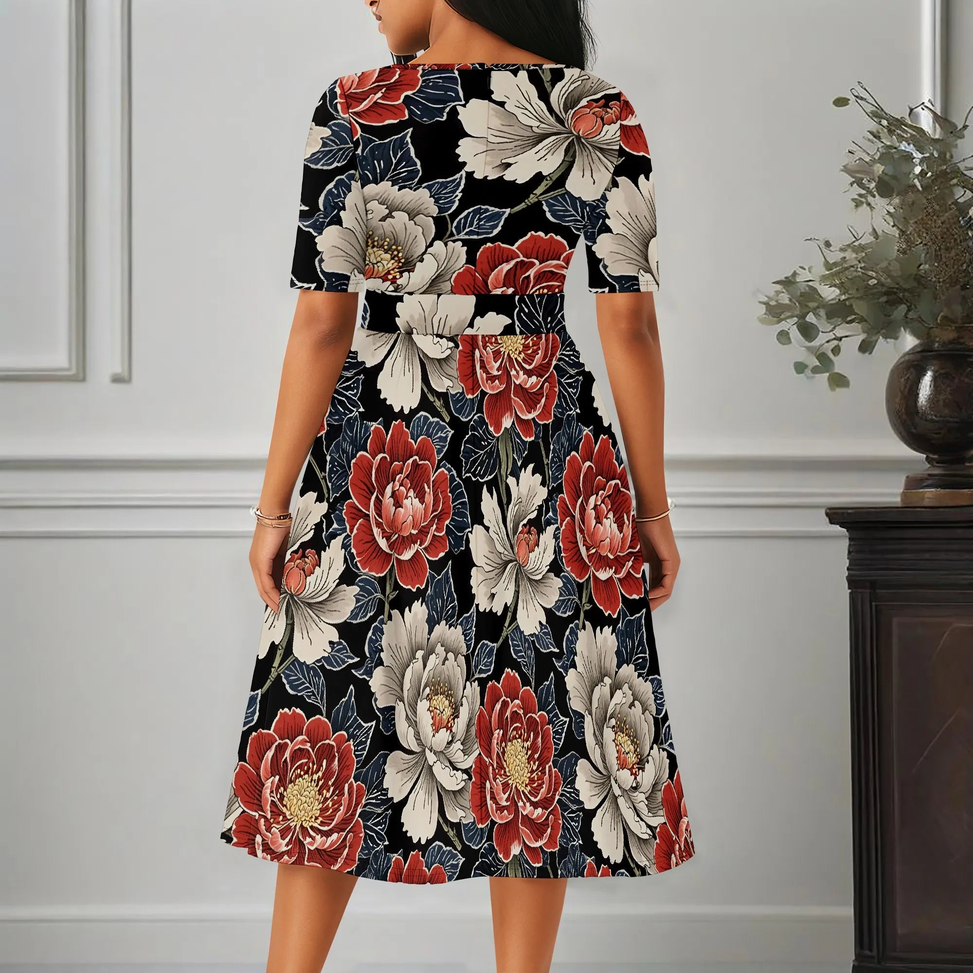 Women's Boatneck Vintage Cocktail Party Dress with Puff Sleeves