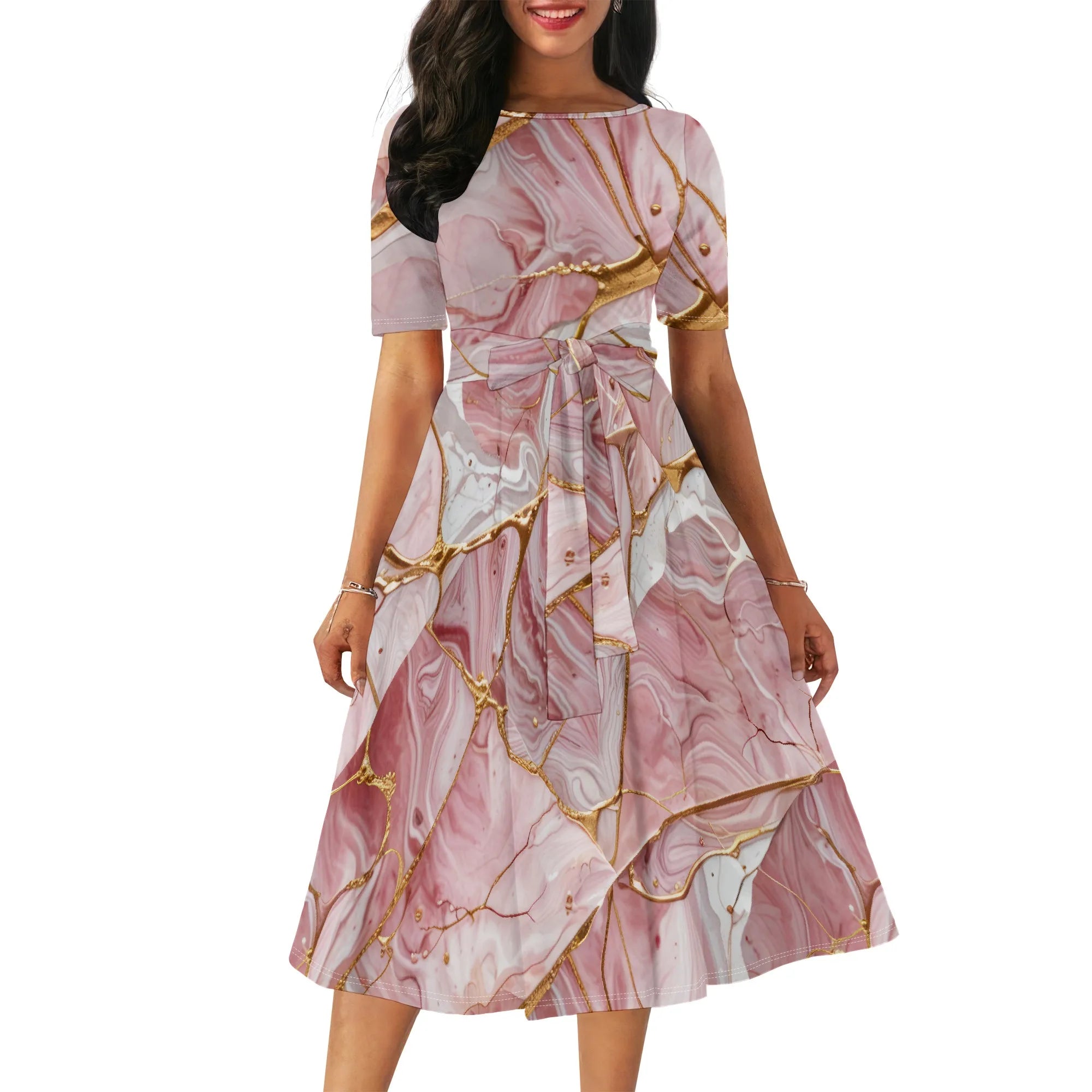 Women's Boatneck Vintage Cocktail Party Dress with Puff Sleeves