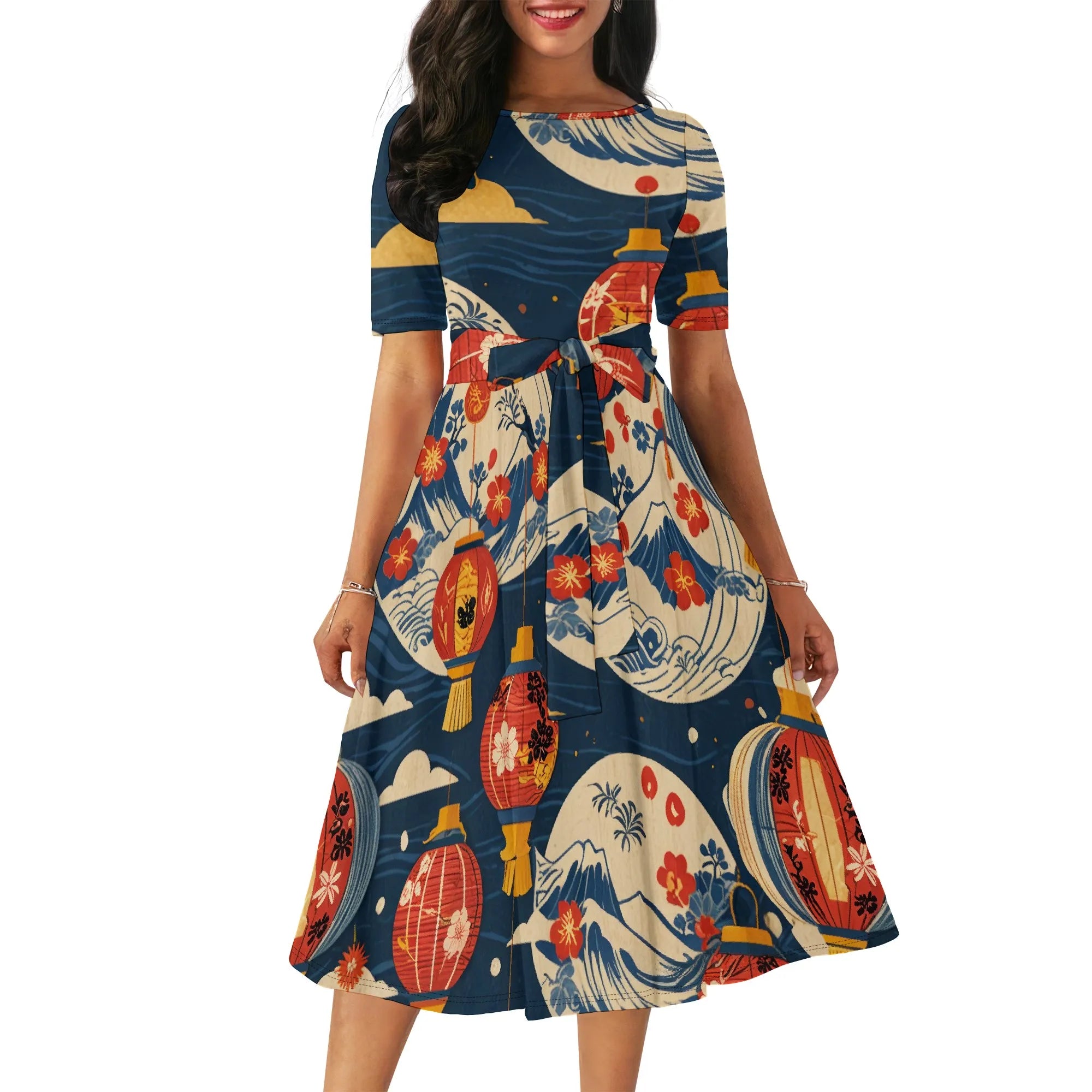 Women's Boatneck Vintage Cocktail Party Dress with Puff Sleeves